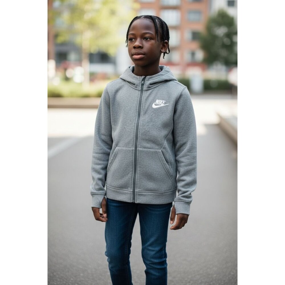 Nike Kids M Blue Zip Hoodie Logo Pockets Size Warm Fleece Casual Style Cotton